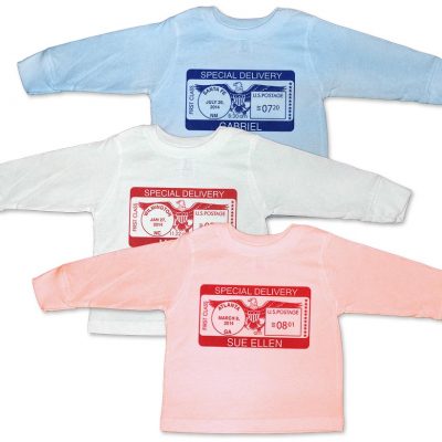 Personalized long sleeve "Special Delivery" t-shirts for baby boys and girls. 100% cotton.