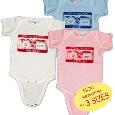 Personalized, "Special Delivery" baby onesies (creepers) for boys and girls. 100% cotton. Great presents for showers, birthdays, and Christmas. Customized with name, birthday, weight and city/state.
